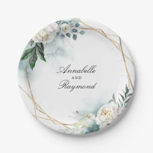 Witte bloemen en aquarel groen Elegant Papieren Bordje