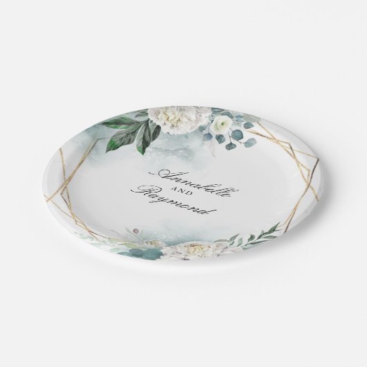 Witte Bloemen en Aquarel Groen Elegant Papieren Bordje (Gekanteld)