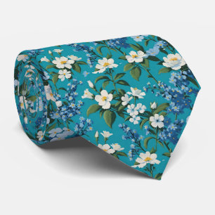 Witte bloemen en blauwe vergeet me noten stropdas