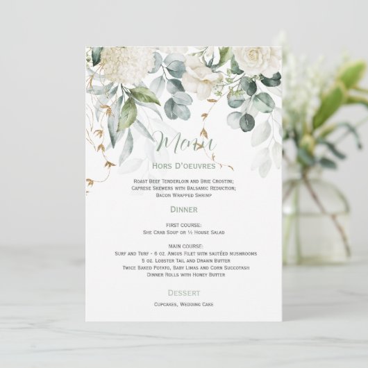 Witte bloemen en eucalyptus huwelijksmenu kaart (Staand voorkant)