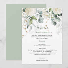 Witte bloemen en eucalyptus huwelijksmenu kaart