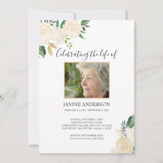 Witte Bloemen en Goud Leven feestelijke foto Kaart (Voorkant)