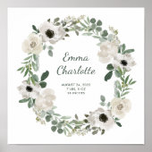  Witte Bloemen en Groen Baby Geboortestatistieken Poster (Voorkant)