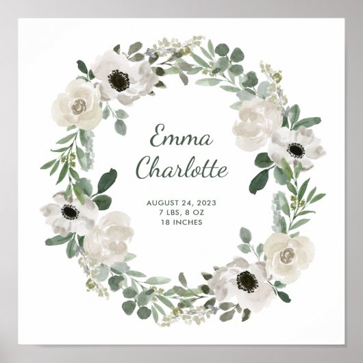  Witte Bloemen en Groen Baby Geboortestatistieken Poster (Voorkant)