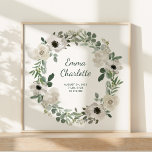 Witte Bloemen en Groen Baby Geboortestatistieken Poster<br><div class="desc">Dit  poster met geboortestatistieken van de baby heeft een bloemenkrans met waterverf witte en zacht grijze bloemen en groene bladeren en bladeren,  op een eenvoudige witte achtergrond. Voeg de naam van je baby toe in trendy modern script en voeg alle geboortestatistieken van de pasgeborene toe.</div>