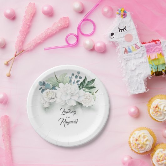 Witte bloemen en groen boeket Elegant Papieren Bordje (Feest)