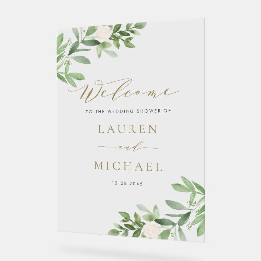 Witte bloemen en groen bruiloft douche acryl bord (Hoek)