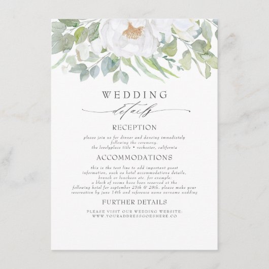 Witte Bloemen en Groen Bruiloft Informatie Informatiekaartje (Voorkant)