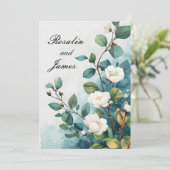 Witte bloemen en groen bruiloft kaart (Staand voorkant)