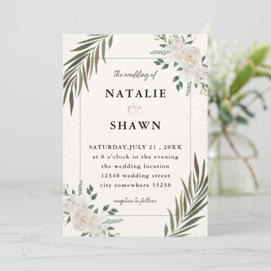 Witte bloemen en groen bruiloft uitnodiging (Staand voorkant)