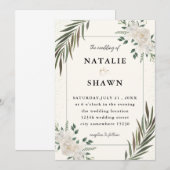Witte bloemen en groen bruiloft uitnodiging (Voorkant / Achterkant)