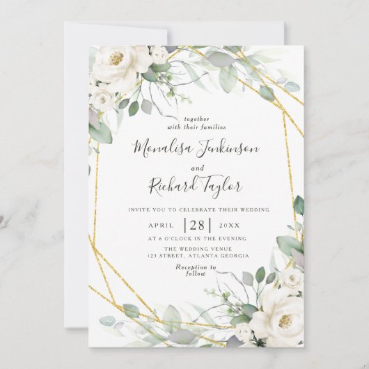 Witte bloemen en groen bruiloft uitnodiging (Voorkant)