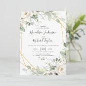 Witte bloemen en groen bruiloft uitnodiging (Staand voorkant)
