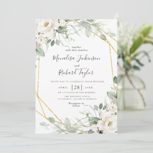 Witte bloemen en groen bruiloft uitnodiging (Staand voorkant)