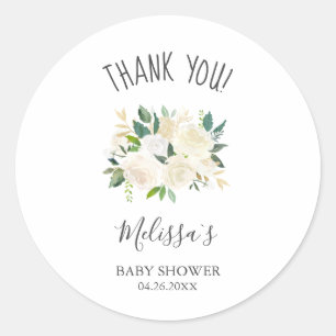 Witte bloemen en groen dank je Baby shower Ronde Sticker