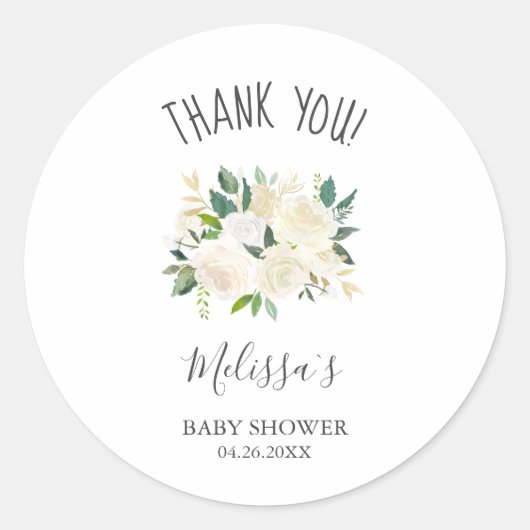 Witte bloemen en groen dank je Baby shower Ronde Sticker (Voorkant)