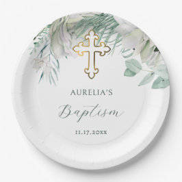 Witte bloemen en groen dooppapier Borden Papieren Bordje