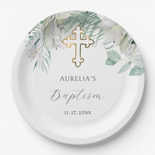 Witte bloemen en groen dooppapier Borden Papieren Bordje (Voorkant)