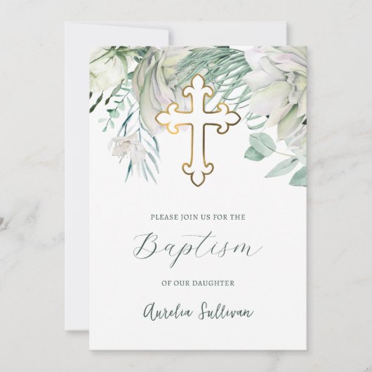 Witte bloemen en groen doopsel uitnodiging (Voorkant)