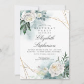 Witte Bloemen en Groen Elegant Verjaardagsfeest Kaart (Voorkant)