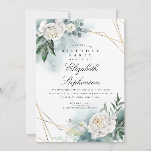 Witte Bloemen en Groen Elegant Verjaardagsfeest Kaart (Voorkant)