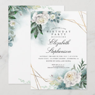 Witte Bloemen en Groen Elegant Verjaardagsfeest Kaart