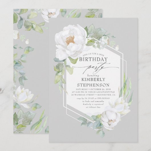 Witte bloemen en groen Elegante moderne verjaardag Kaart (Voorkant / Achterkant)