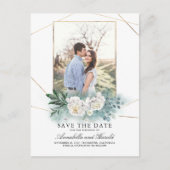 Witte bloemen en groen foto opslaan van de datum aankondigingskaart (Voorkant)