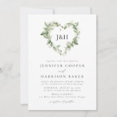 Witte Bloemen en Groen Hart Monogram Bruiloft Kaart (Voorkant)