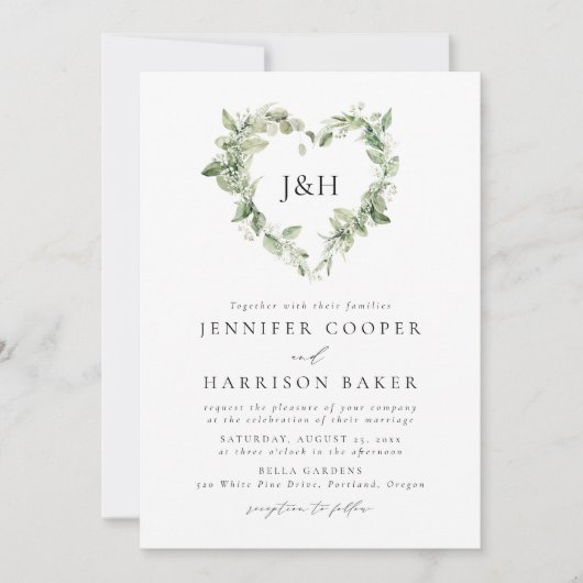 Witte Bloemen en Groen Hart Monogram Bruiloft Kaart (Voorkant)