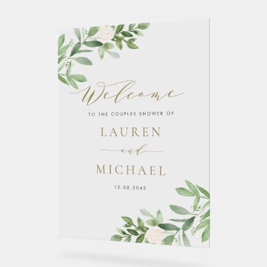 Witte bloemen en groen koppels douche acryl bord (Hoek)