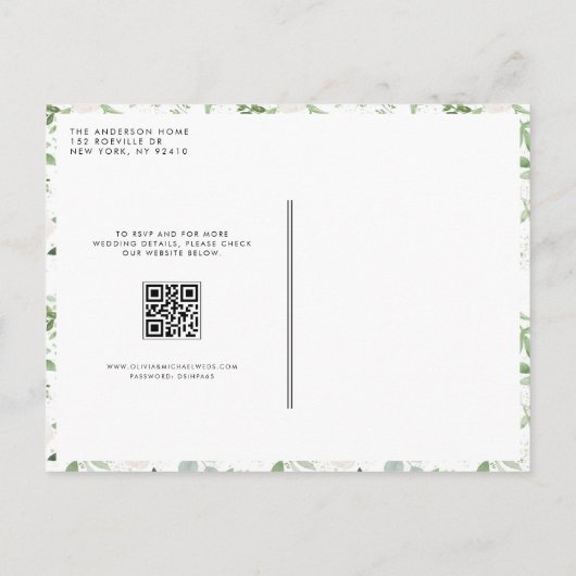 Witte bloemen en groen QR-code bruiloft Uitnodiging Briefkaart (Achterkant)