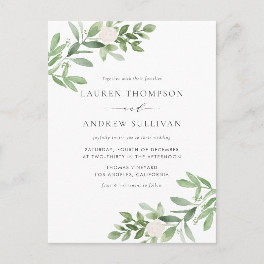 Witte bloemen en groen QR-code bruiloft Uitnodiging Briefkaart (Voorkant)