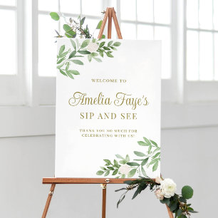 Witte Bloemen en Groene Beplanting Borrel en Bekij Poster
