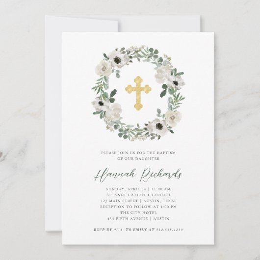  witte bloemen en groene bladeren | Baptisme Kaart (Voorkant)