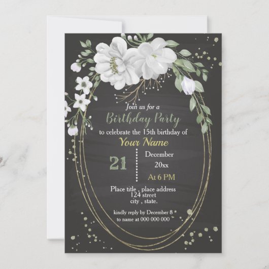 witte bloemen en groene bladeren ovale verjaardag kaart (Voorkant)