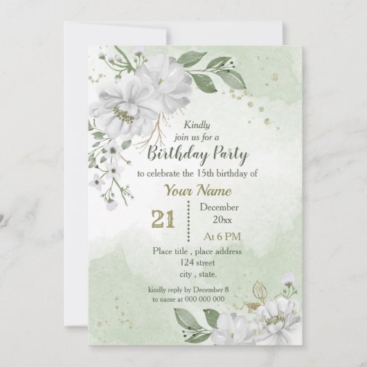 witte bloemen en groene bladeren verjaardag kaart (Voorkant)