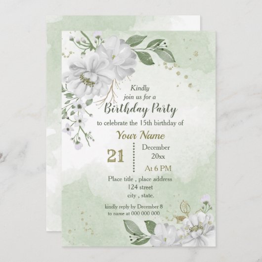 witte bloemen en groene bladeren verjaardag kaart (Voorkant / Achterkant)