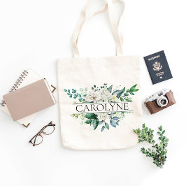 Witte Bloemen en Groene Bruidsmeisjes Jurk Naam op Tote Bag