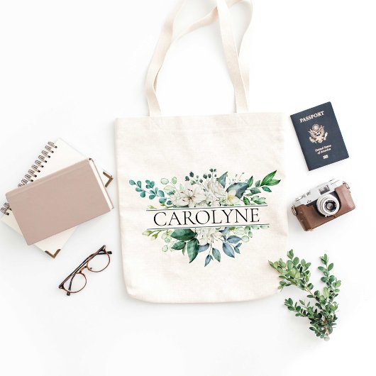 Witte Bloemen en Groene Bruidsmeisjes Jurk Naam op Tote Bag