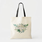 Witte Bloemen en Groene Bruidsmeisjes Jurk Naam op Tote Bag (Voorkant)