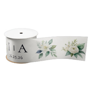 Witte Bloemen en Groene Custom Tekst Trouwen Satijnen Lint