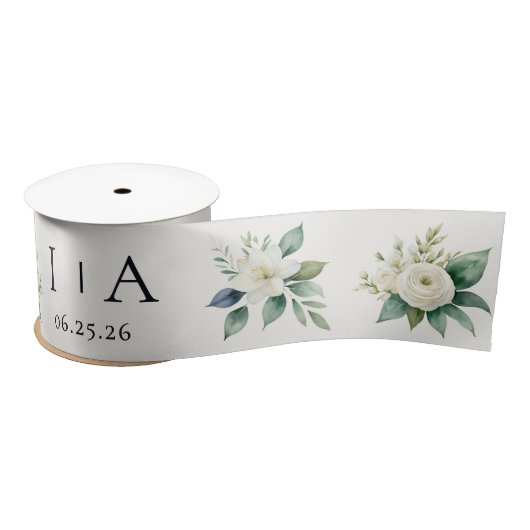 Witte Bloemen en Groene Custom Tekst Trouwen Satijnen Lint (Spoel)