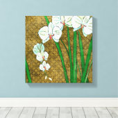 Witte bloemen en groene gedichten aan de bruine gr canvas afdruk (Insitu (Houten vloer))
