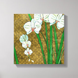 Witte bloemen en groene gedichten aan de bruine gr canvas afdruk