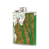 Witte bloemen en groene gedichten aan de bruine gr heupfles (Links)