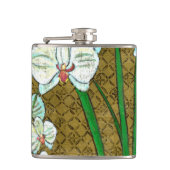 Witte bloemen en groene gedichten aan de bruine gr heupfles (Voorkant)