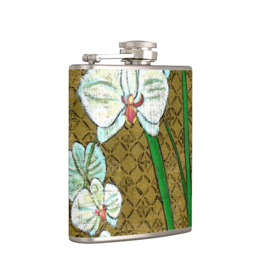 Witte bloemen en groene gedichten aan de bruine gr heupfles (Rechts)