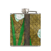 Witte bloemen en groene gedichten aan de bruine gr heupfles (Achterkant)