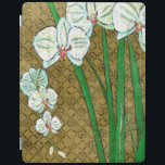 Witte bloemen en groene gedichten aan de bruine gr iPad cover<br><div class="desc">Witte bloemen hangen van groene stengels in dit stuk van Chariklia Zarris. Dit is een eenvoudig maar elegant schilderij,  dat tegen een bruine achtergrond is ingesteld en is omgeven door een bruine rand. Voeg het toe aan je huis en geniet van de schoonheid!</div>